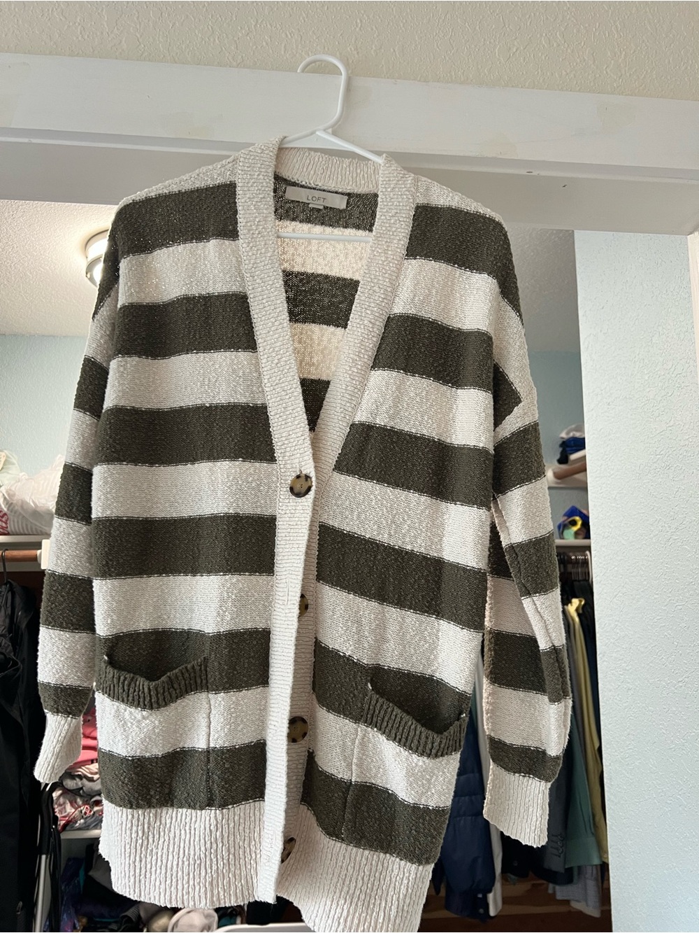 LOFT Olive Green & Cream Striped Button Cardigan